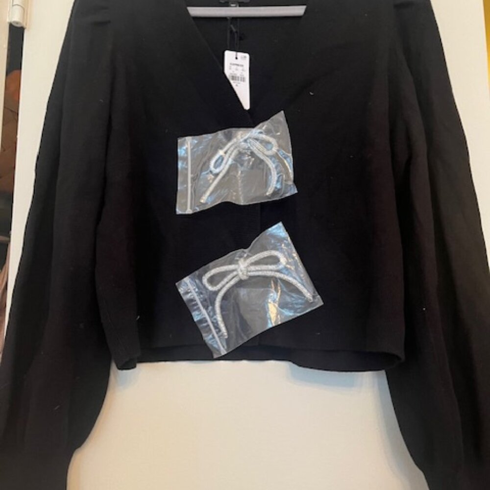 NTW - Express Black Puff Sleeve Cardigan - Rhinestone Bow button closure